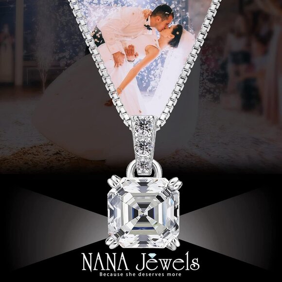 Asscher Cut CZ Necklace Sterling Silver 7mm Simulated Diamond Pendant Women - Picture 3 of 7